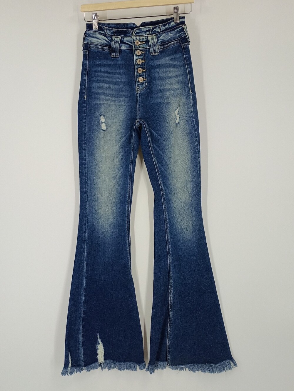 KanCan Fringe Hem Distressed Flare Jeans